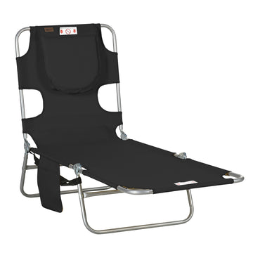 Folding Outdoor Lounge Chair, 5-Level Tanning Chair with Face Hole, Side Pocket, Carry Strap for Beach Pool, Black