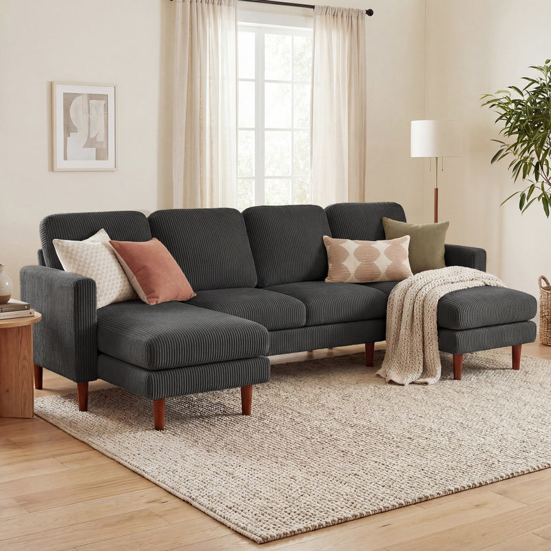 Sectional Sofa, Corduroy U Shaped Couch with Double Chaise and Spring Cushions, 2200lb Capacity