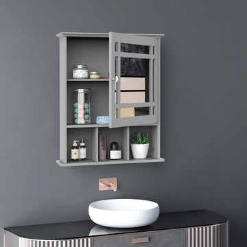 Bathroom Cabinet Wall Mount with Mirror Door 3 Shelf Organizer for Bathroom, Kitchen, Bedroom, Grey