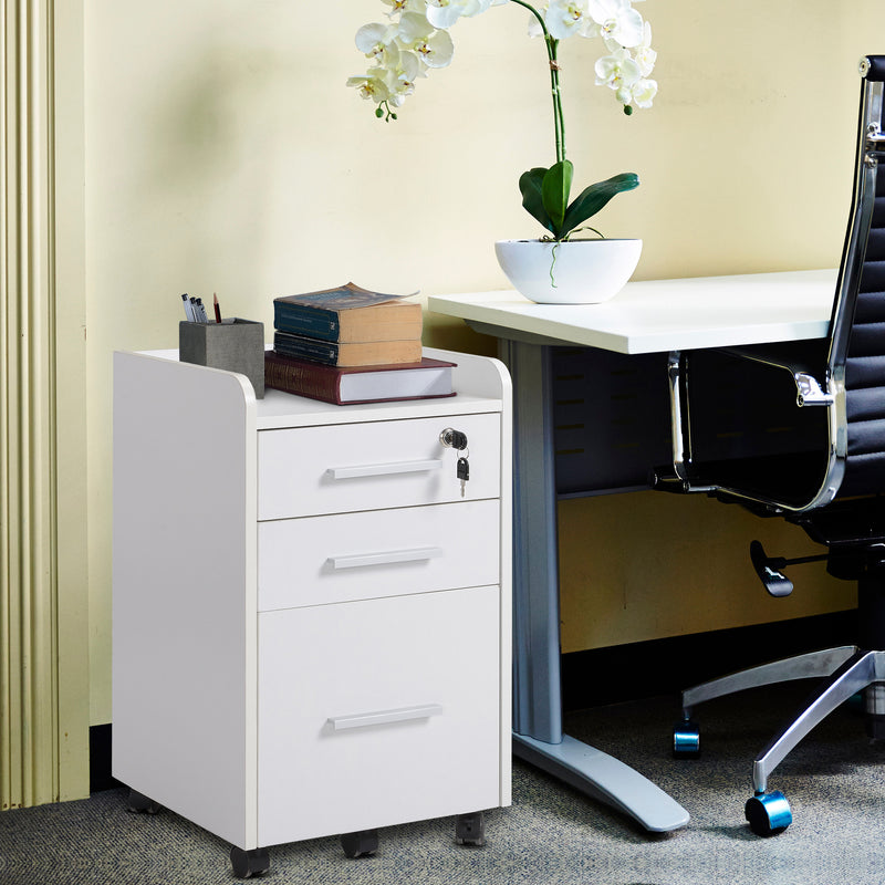 3 Drawer File Cabinet with Lock and Edged Top, Lockable Filing Cabinet on Wheels for Letter and A4 Size, White