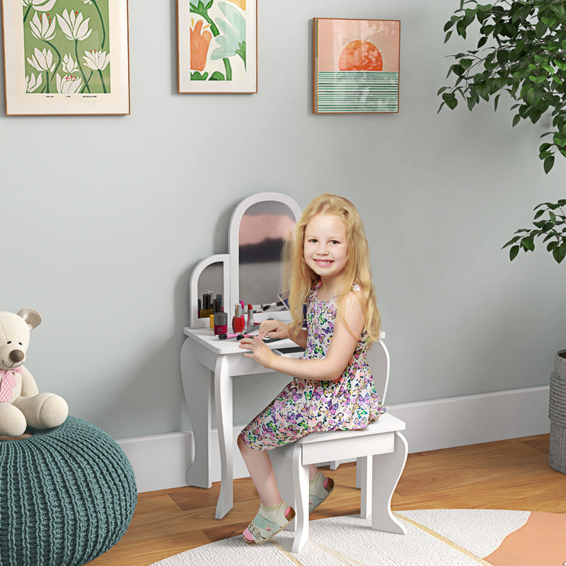 Qaba Kids Dressing Table and Chair Set, Girls Dressing Set, Makeup Desk with Drawer for 3-6 Years Old Kids, Pink