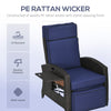 Wicker Recliner Chair with Adjustable Backrest and Footrest, Washable Cushion, Side Tray, Blue