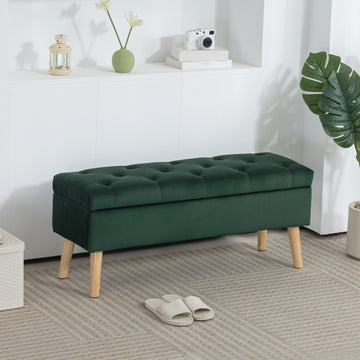 Storage Ottoman with Lid, Velvet Upholstered Storage Bench with Wood Legs for Living Room, Dark Green