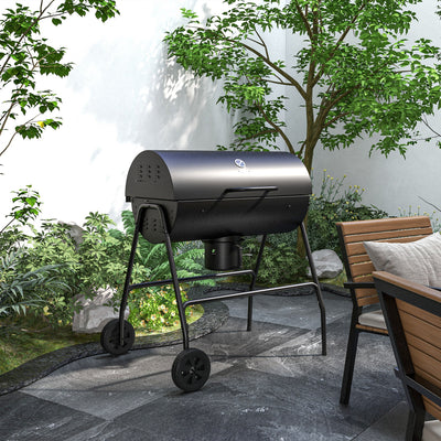 Barrel Charcoal BBQ Smoker, Barbecue with 420 sq.in. Cooking Area, Wheels, Ash Catcher, Black