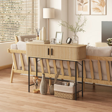 Mid-Century Narrow Console Table with Slatted Tambour Sliding Doors, Entryway Table with Steel Legs, Oak and Black