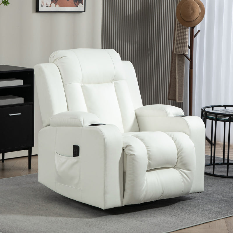 Swivel Massage Recliner Chair Rocker, Overstuffed Manual Reclining Sofa, PU Leather Rocking Chair with Side Pockets, Cup Holders, for Living Room, Nursery, Cream White
