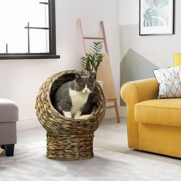 Wicker Cat Bed with Cushion, Stand, for Indoor Cats, Dark Brown