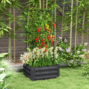 Galvanized Planter Box, Outdoor Raised Garden Bed with 3-Tier Trellis Tomato Cage for Climbing Vines, Vegetables, Grey