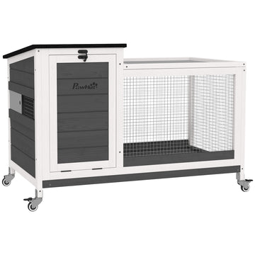 Wooden Rabbit Hutch with Pull-Out Tray, Asphalt Openable Roof, Small Animal Cage on Wheels with Run, Grey