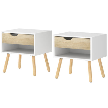 Set of 2 Bedside Table with Drawer and Shelf, Modern Nightstand with Wooden Legs, End Table for Bedroom, White
