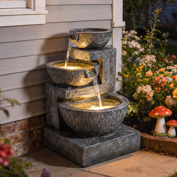 3-Tier Outdoor Water Fountain, Garden Waterfall Fountain with LED Lights and Pump, Indoor Freestanding Resin Waterfall
