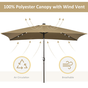 6.5x10ft Patio Umbrella Rectangle Solar Powered Tilt Aluminum Outdoor Market Parasol with LEDs Crank (Light Coffee)