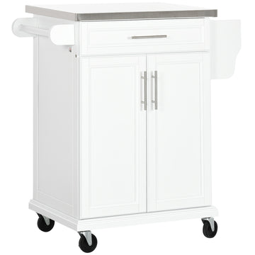 Kitchen Island with Stainless Steel Top, Rolling Kitchen Cart on Wheels with Storage Drawer, Cabinet, Towel Rack and Spice Rack (Black), White