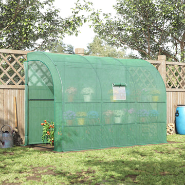 Walk-in Wall Lean-to Greenhouse, 10' x 5' x 7' Outdoor Gardening Green House with PE Cover, Windows, Shelves and 2 Zipper Doors, Green