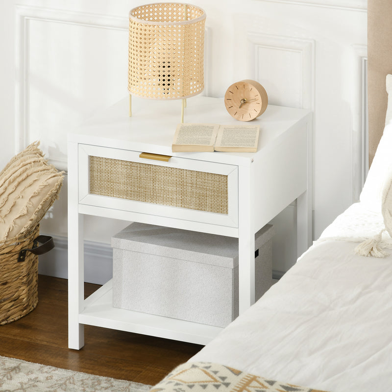 Boho Nightstand, Bedside Table with Rattan Drawer and Open Shelf, Side End Table for Bedroom, Living Room