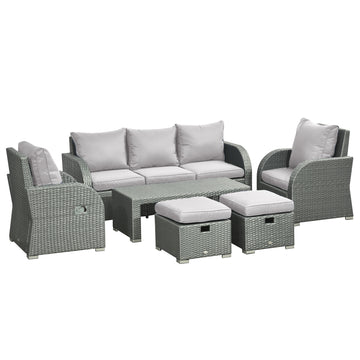 6 Pieces Patio Furniture with Cushions, PE Wicker Sectional Furniture Conversation Set with a 3-Seat Sofa, 2 Recliner Chairs, 2 Footstools, Table, Grey
