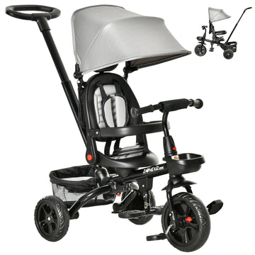 Qaba Tricycle for Toddler 4 in 1 Kids Trike with Reversible Adjustable Seat, Baby Push Bike with Removable Handle, Curved Canopy, Belt Storage Brake Clutch for 1-5 Years, Grey