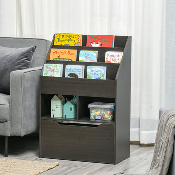 Kids Bookshelf Bookcase Multi-Shelf Rack Organizer with Storage Drawer for Books for Reading Nook, Classroom, Bedroom, Playroom, Brown