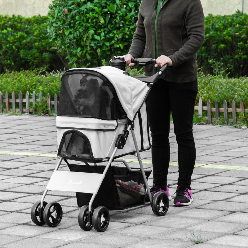 Dog Stroller, One-click Folding Pet Stroller with Cup Holder, 4 Wheels Travel Carrier w/ Brakes, 360° Swiveling Front Wheels, Storage Basket, for XS/Small Dogs Cats, Grey