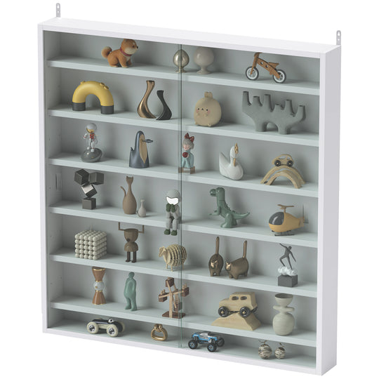 7-Tier Display Cabinet, Shot Glass Display Case, Glass Curio Cabinet with 2 Glass Doors and 6 Adjustable Shelves, White