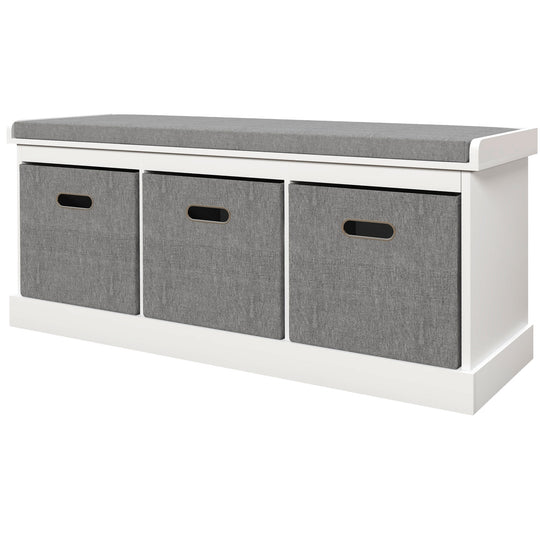 Shoe Storage Bench with Seat, Entryway Bench Seat with Cushion, 3 Fabric Drawers for Hallway, White