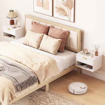 Set of 2 Wall Mounted Bedside Tables, Floating Nightstands with Fluted Drawer and Open Shelf for Bedroom, White