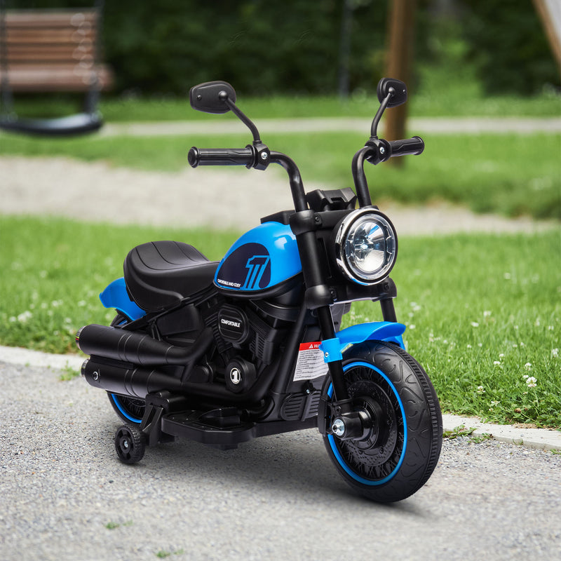 6V Kids Motorcycle with Training Wheels, Foot Pedal, Headlight, Music, Forward/Reverse, Single-Button Start, Blue