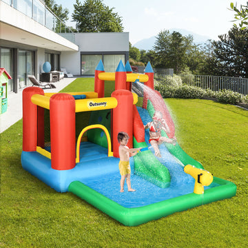 Château gonflable 6 en 1 pour enfants avec trampoline, glissade, piscine, pistolet à eau, mur d'escalade, panier et gonfleur, 11,5 pi x 8,8 pi x 7 pi, multicolore
