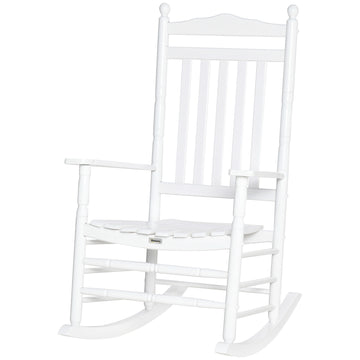 Wooden Outdoor Rocking Chair, Patio Rocking Chair with Slatted High Back and Armrests for Porch, Garden, Lawn, White