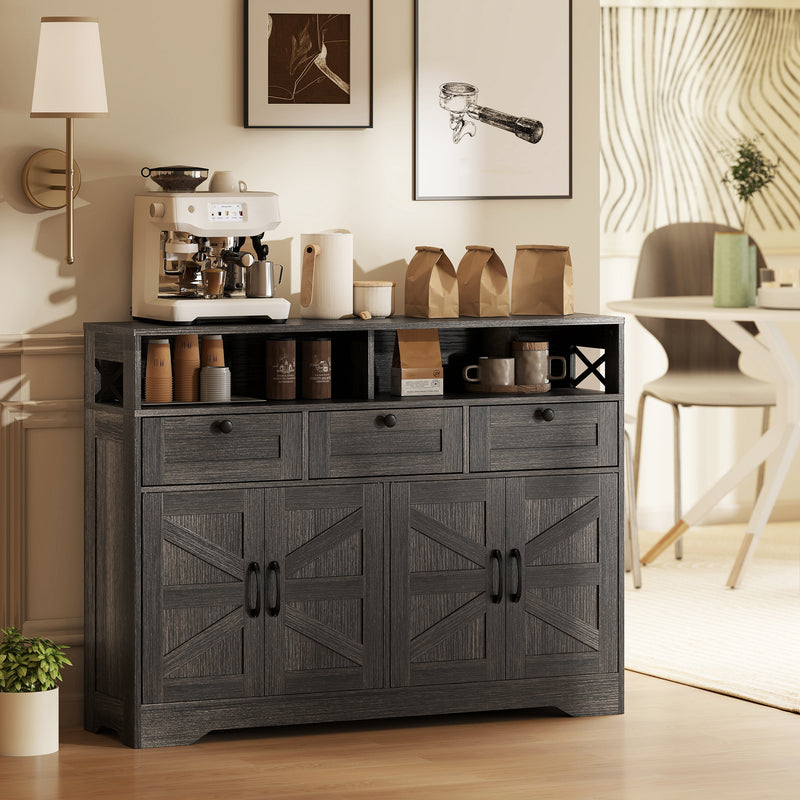 Sideboard, Buffet Cabinet with 4 Barn Doors and 3 Drawers, Coffee Bar Cabinet with Adjustable Shelves, Espresso