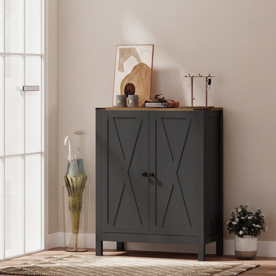 Shoe Cabinet with Barn Doors, Farmhouse Shoe Storage Cabinet with Adjustable Shelves, Holds up to 15 Pairs, Black