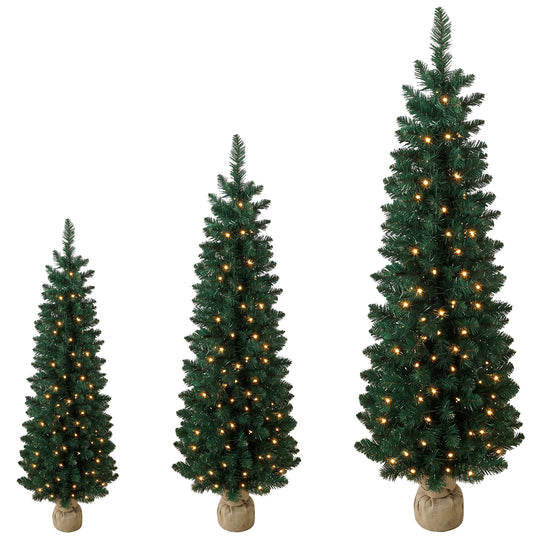 Artificial Pencil Christmas Tree Set of 3, Pre-Lit Christmas Trees with PVC Tips and Warm White LED Lights, Green