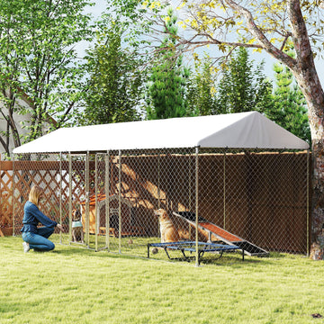 Outdoor Dog Kennel with Two Rooms, Waterproof UV-Resistant Cover, Escape-Proof Lock, 19.7' x 7.5' x 7.5'