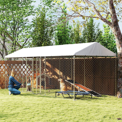 Outdoor Dog Kennel with Two Rooms, Waterproof UV-Resistant Cover, Escape-Proof Lock, 19.7' x 7.5' x 7.5'