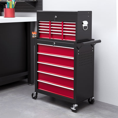 14 Drawer Rolling Tool Chest, Lockable Tool Storage Cabinet with Detachable Top Toolbox, Protective Liner, Red