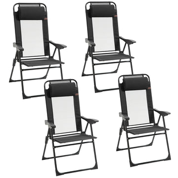 Set of 4 Camping Chairs, Outdoor Folding Lounge Chair Set with 5 Level Adjustable Backrest, Removable Headrest, Armrest for Camping, Backyard, Black