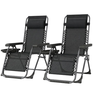 Zero Gravity Chair Set of 2, Folding Reclining Outdoor Lounge Chair with Cup Holder, Headrest, Black