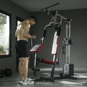 Soozier Home Gym Equipment Weight Training Machine, Multifunction Workout Machine with 143lbs Weight Stack for Full Body Workout and Strength Training, Black, Red