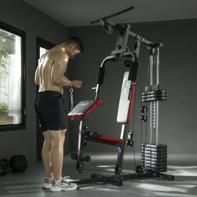 Soozier Home Gym Equipment Weight Training Machine, Multifunction Workout Machine with 143lbs Weight Stack for Full Body Workout and Strength Training, Black, Red