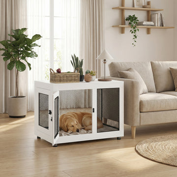 Pet Crate End Table with Water-resistant Cushion or Large Medium Dogs, White