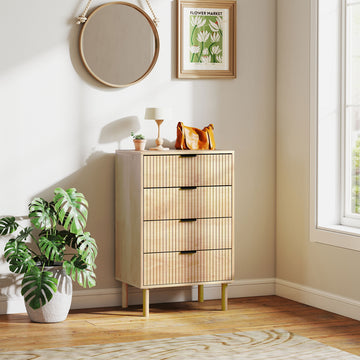 Bedroom Chest of Drawers, 4 Drawer Dresser with Fluted Panels and Solid Wood Legs, Anti-slip Foot Pads, Storage Cabinet for Living Room, Oak