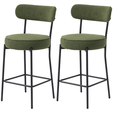 Set of 2 Barstools, Upholstered Corduroy Bar Stools with Backrest, Footrest for Kitchen Island, Dining Room, Green