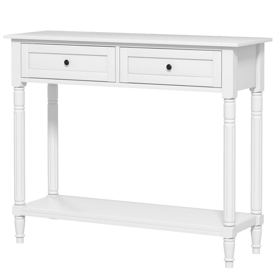 Hallway Console Table, Modern Entryway Table with 2 Drawers, Storage Shelf, Turned Legs for Living Room, Bedroom, White