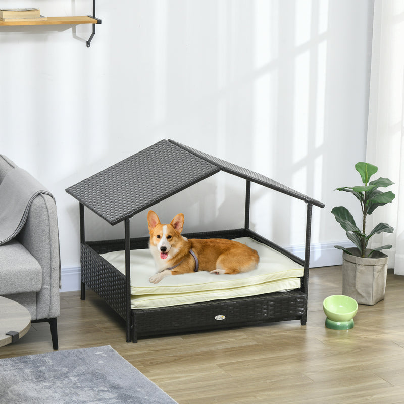 Outdoor Dog House Extendable Wicker Dog Bed with Soft Cushion Washable Cover, for Small and Medium Dogs, Cream White