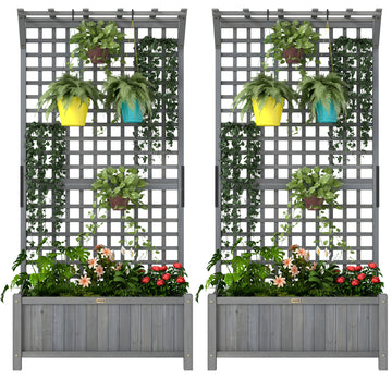 Wood Planter with Trellis for Vine Climbing, Raised Garden Bed, Privacy Screen for Backyard, Patio, Deck, Dark Grey