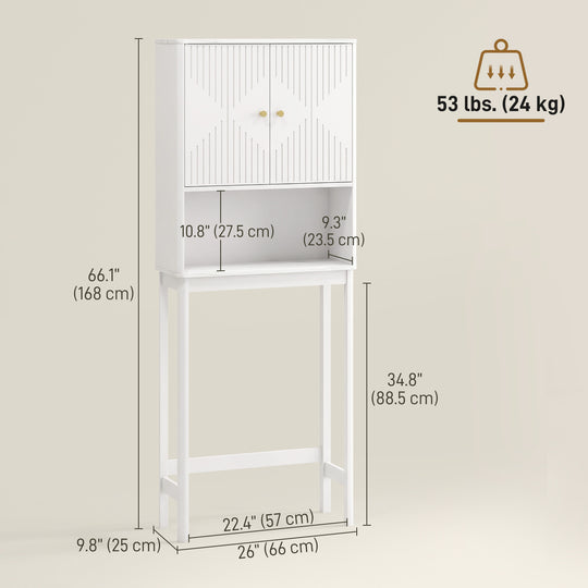 Over The Toilet Storage Cabinet with Adjustable Shelf, Open Shelf and Adjustable Bottom Bar, White