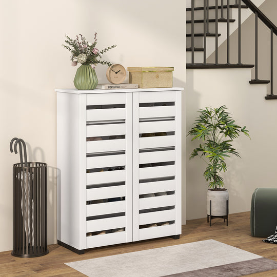 Shoe Storage Cabinet, Shoe Cabinet with 2 Slatted Doors for 15 Pairs of Shoes, White