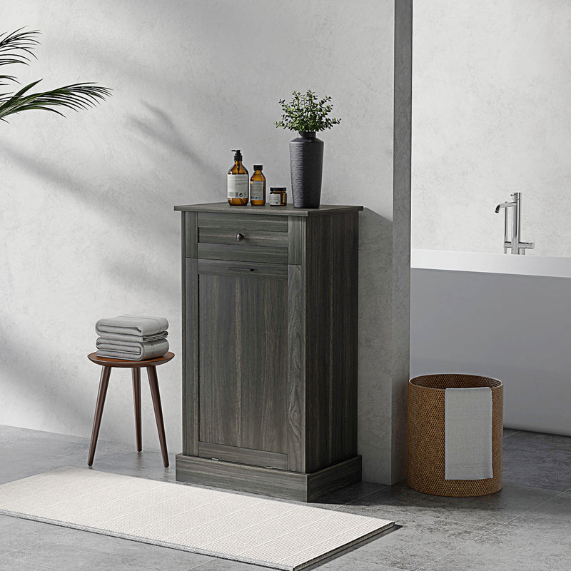 Kitchen Tilt Out Trash Bin Cabinet, Free Standing Recycling Cabinet, Trash Can Holder with Drawer, Charcoal Grey