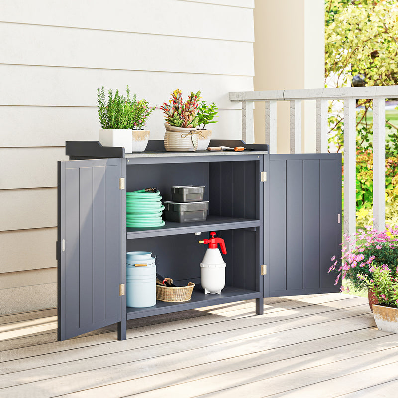 Garden Storage Cabinet, Outdoor Potting Bench Table with Galvanized Top and Shelf, Tool Shed with Double Doors, Grey