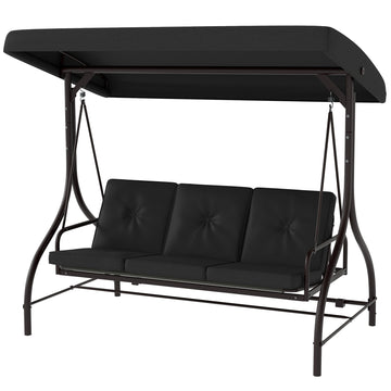 Convertible Patio Swing Bed with Canopy and Cushions, 3 Seater Porch Swing for Outdoor, Backyard, Garden, Dark Grey